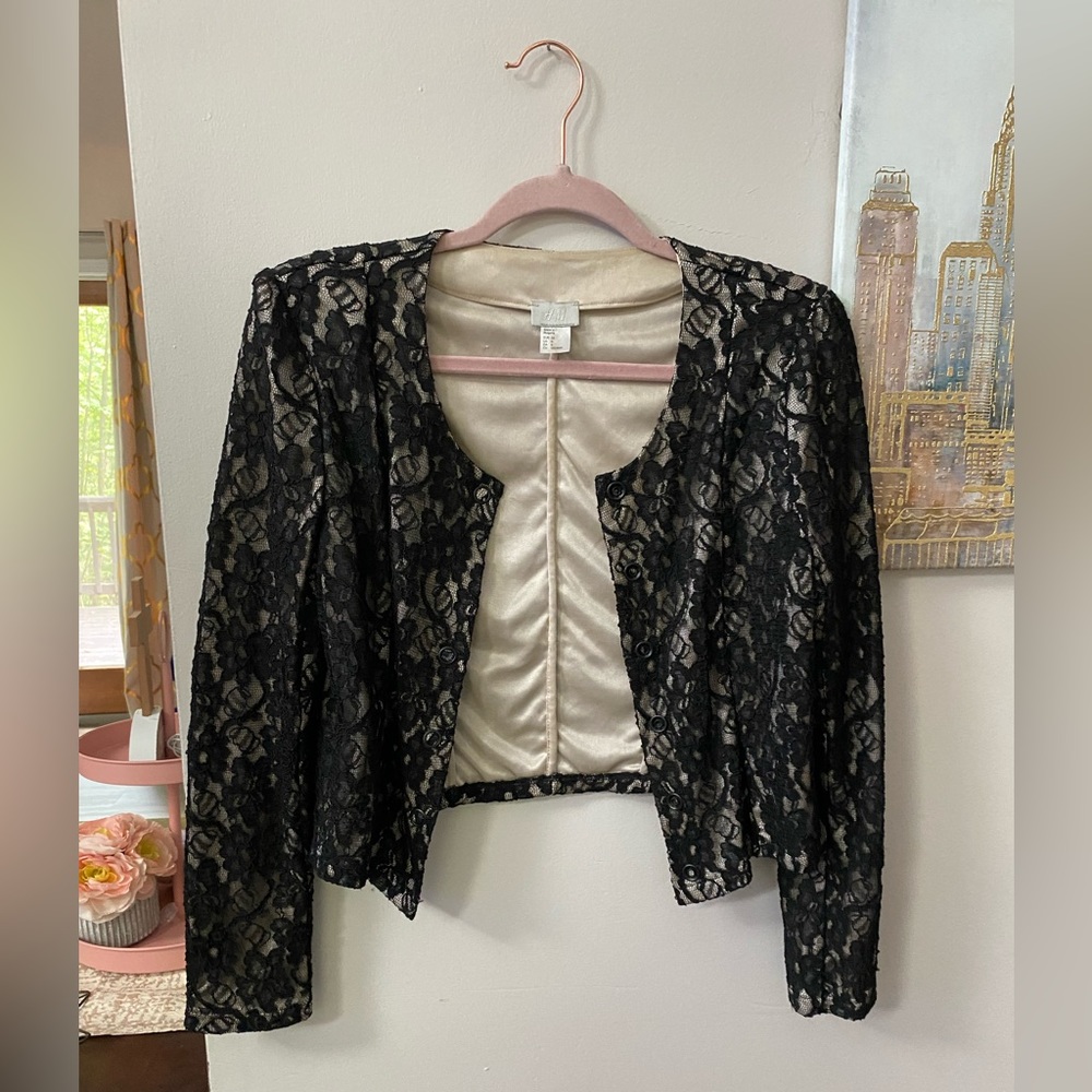H&M Lace button down jacket champagne gold satin lining